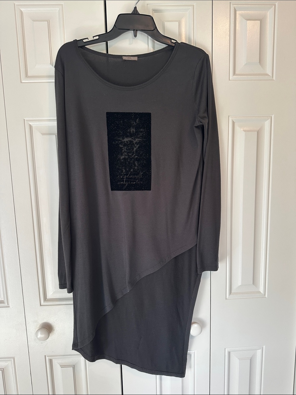 Zara Charcoal Asymmetrical Long-Sleeve Dress with Front Graphic